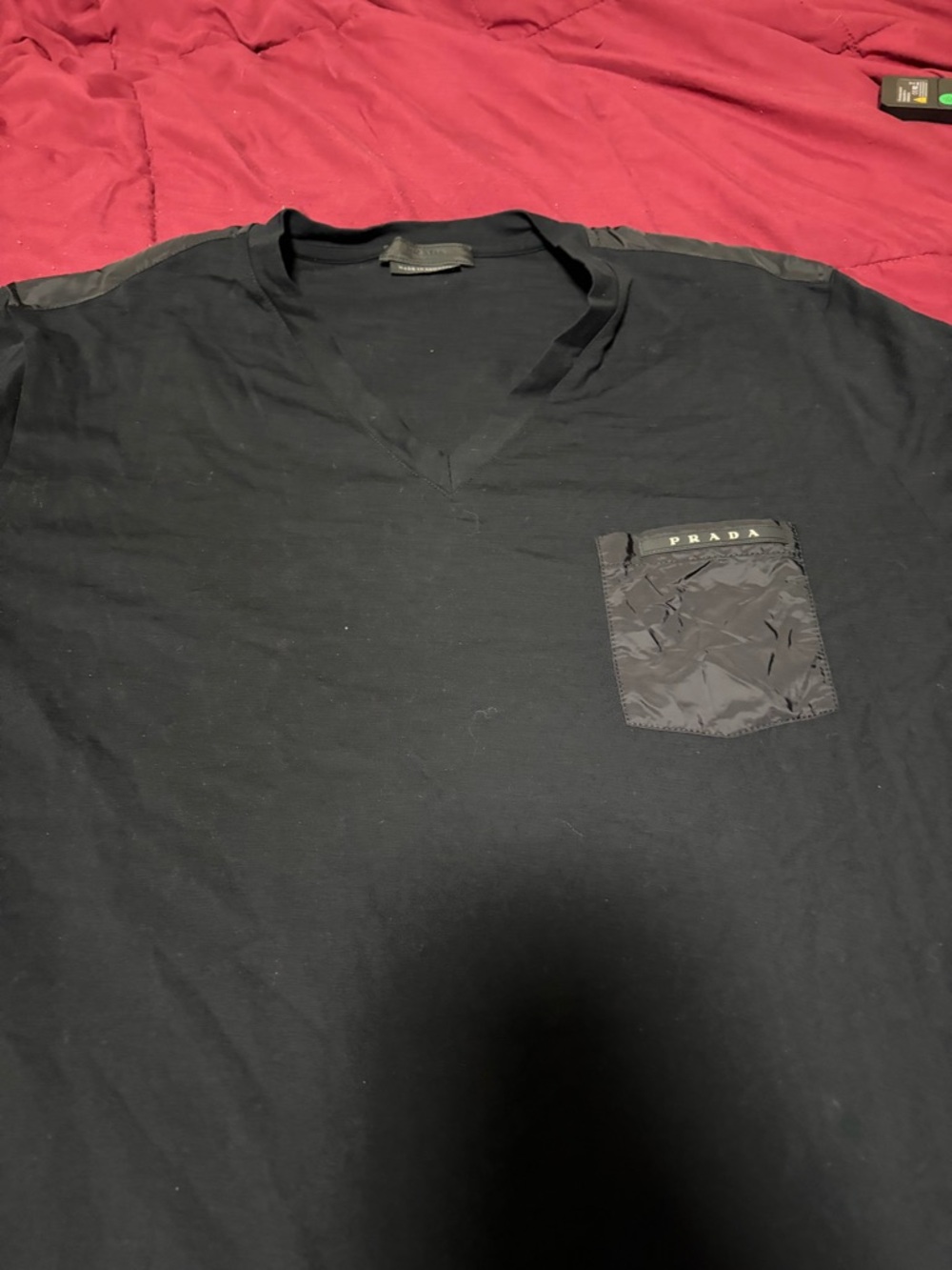 Prada Black V-Neck Short Sleeve Tee with Nylon Logo Pocket